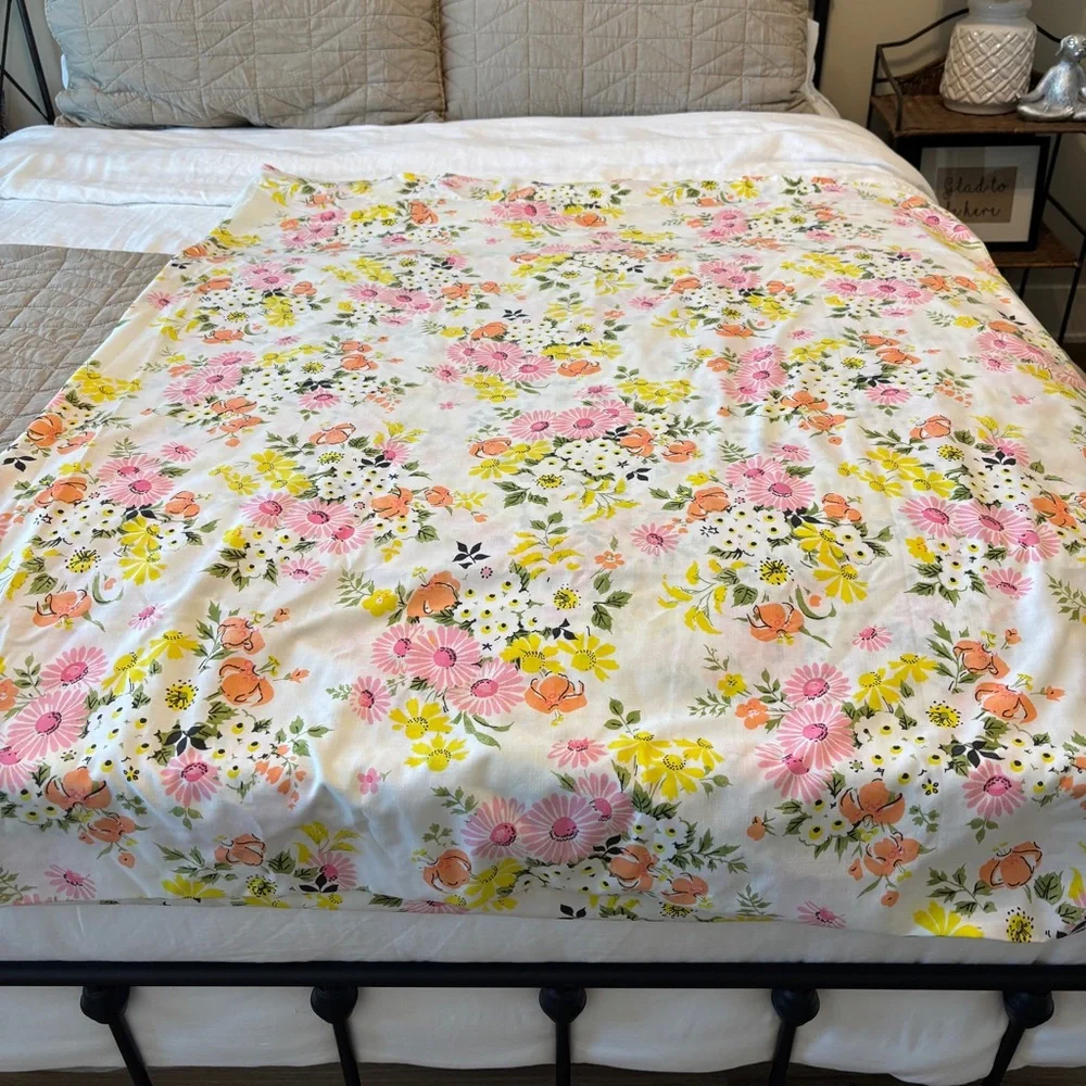 Vtg Pequot Double Flat Sheet Retro Floral 70s Flower Power Groovy Man Artsy Cool